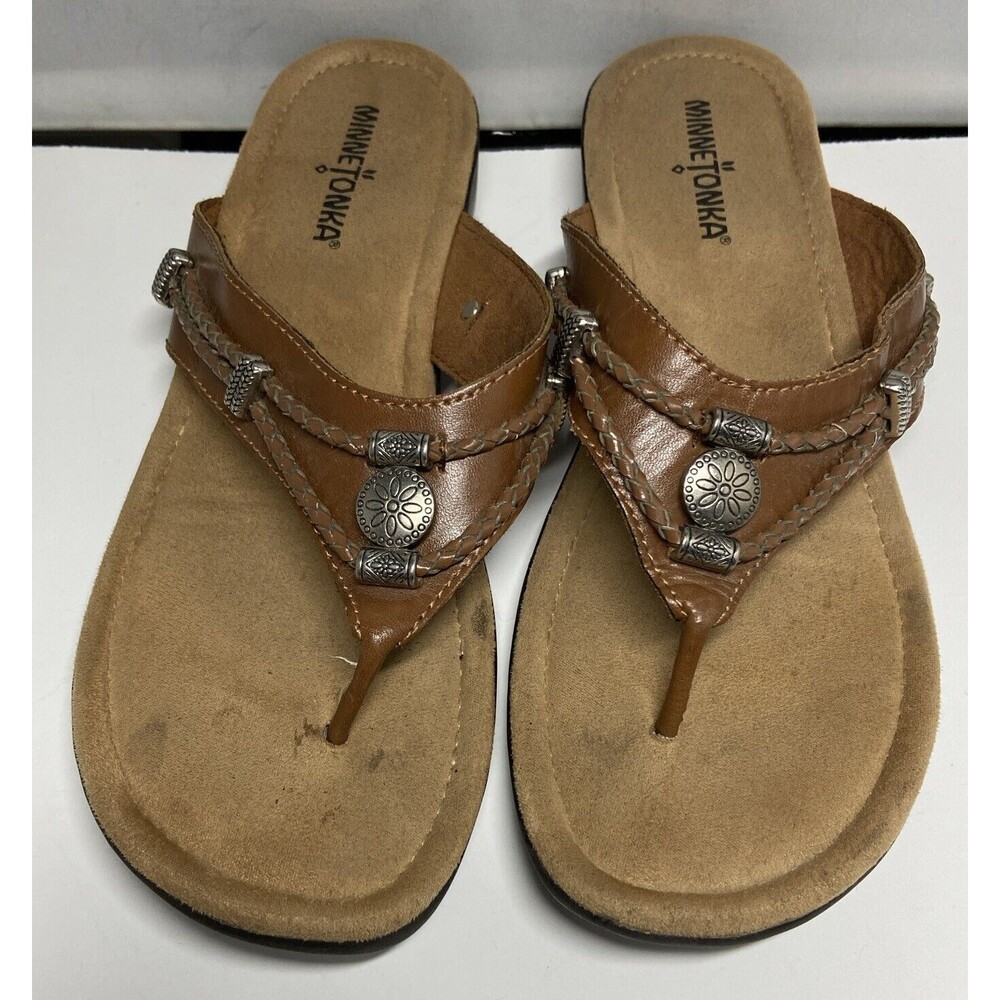 Minnetonka Women’s Thong Flip Flop Nut Brown Leather Size 9 Sandals Shoes